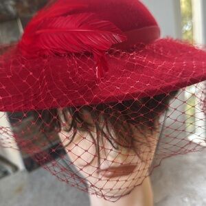 Doeskin Vintage design by Sylvia New York Elegant Red Feathered Hat made in USA